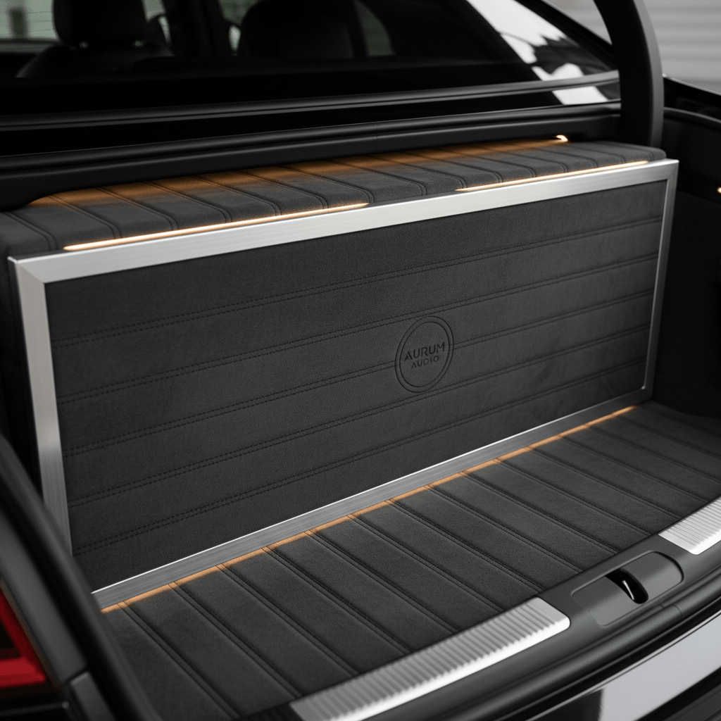 Luxury car trunk speaker installation with dark grey Alcantara and leather stitching.