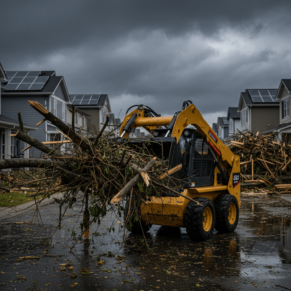Compact skid steer with grapple bucket clearing storm debris in a residential area.