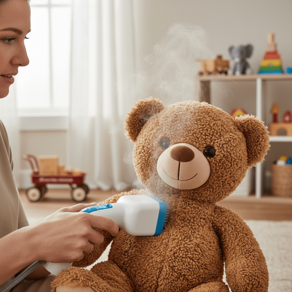 Parent steaming a child's plush teddy bear with a handheld steamer.