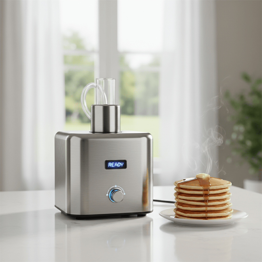 Sleek stainless steel pancake machine on a modern kitchen counter with golden pancakes.