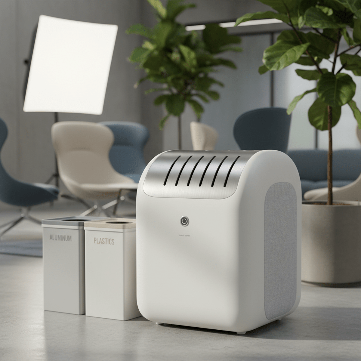 Sleek white electric can crusher with brushed metal top near office recycling.