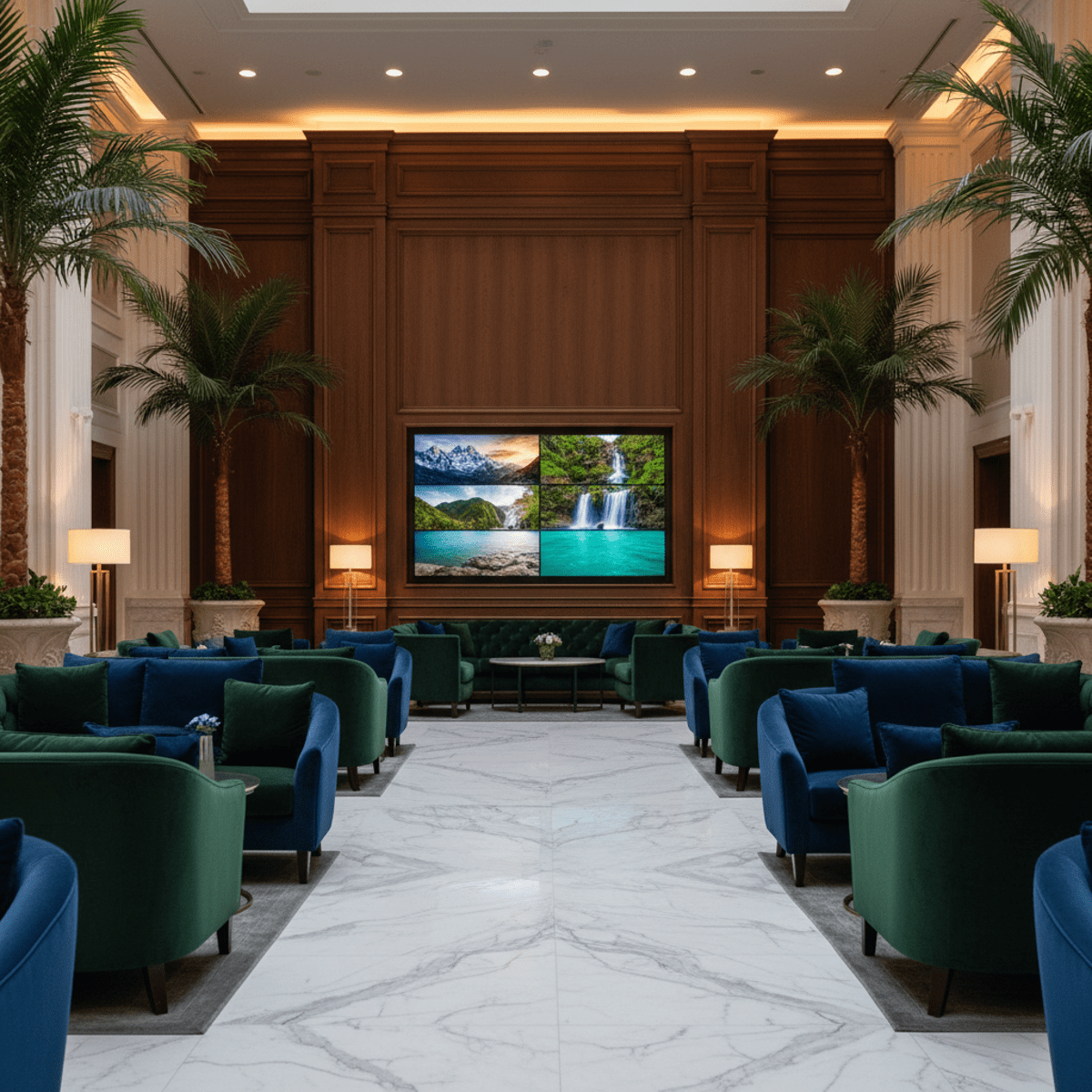 Grand futuristic hotel lobby with integrated TV and velvet seating.