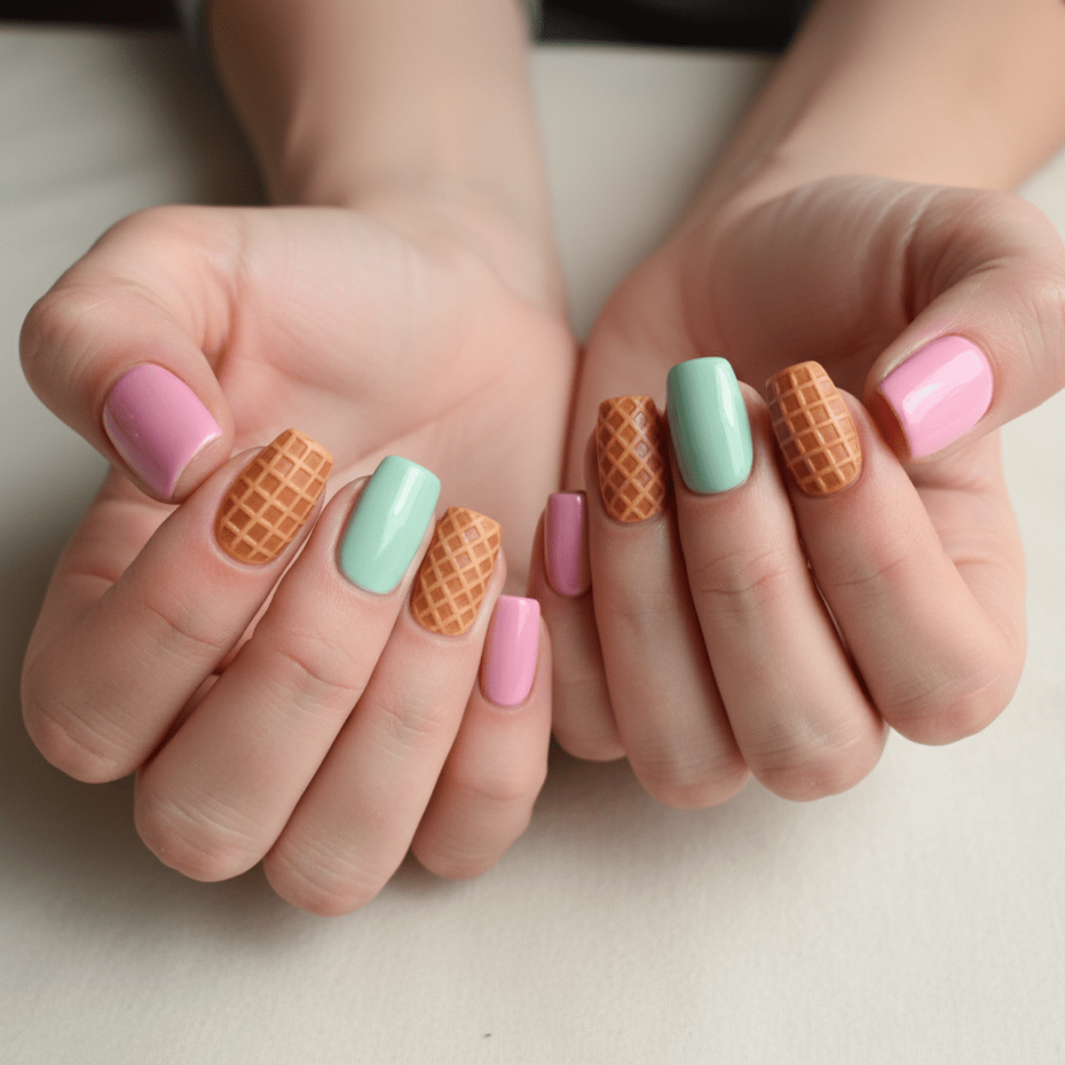 Hands with waffle cone textured nails and glossy ice cream colored nails.