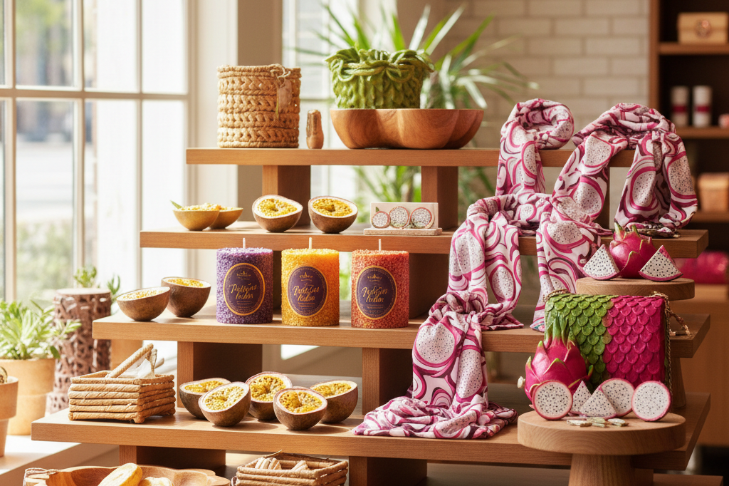 Artfully arranged passion fruit and dragon fruit-inspired merchandise under warm ambient lighting, showcasing exotic aesthetics