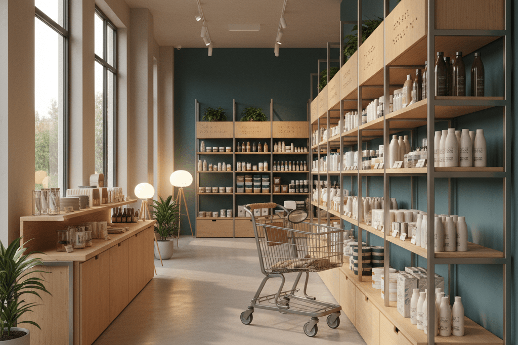 Warmly lit retail environment featuring wide aisles and tactile signs to support diverse customer needs