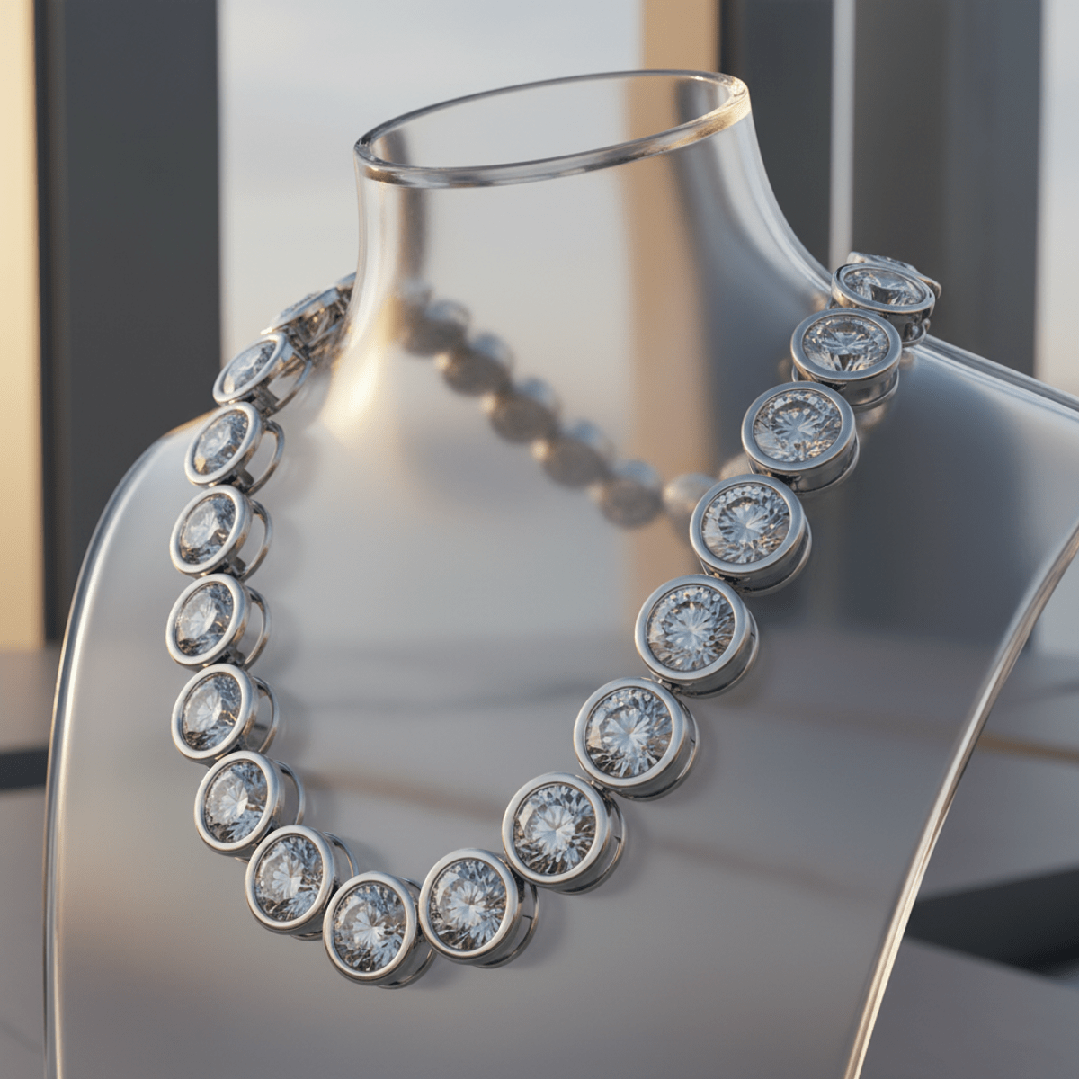 Elegant moissanite diamond chain in a futuristic wave design, set in gleaming silver rims.