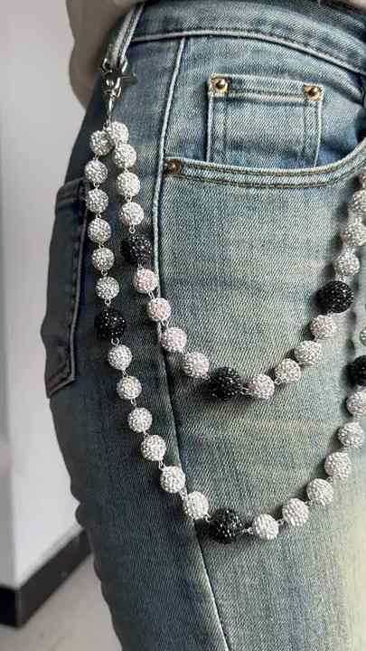 12mm Jeans Pocket Belt Chains Disco Ball Beaded Layered Pendant Jeans  Pocket Belt Chains Hip Hop Rhinestone Beads Wallet Chain
