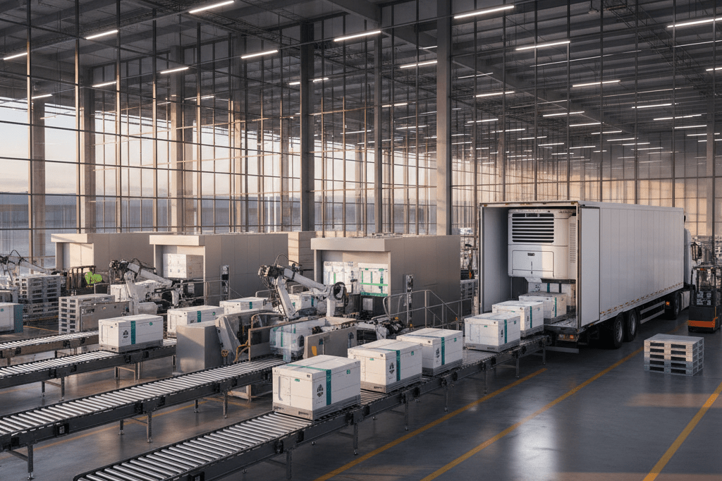 Temperature-controlled medical supply loading area at dusk with ambient lighting, reflecting global health innovation efforts