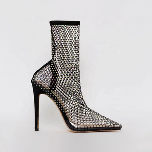 Fishnet mesh diamante detail stiletto heel women shoes boots