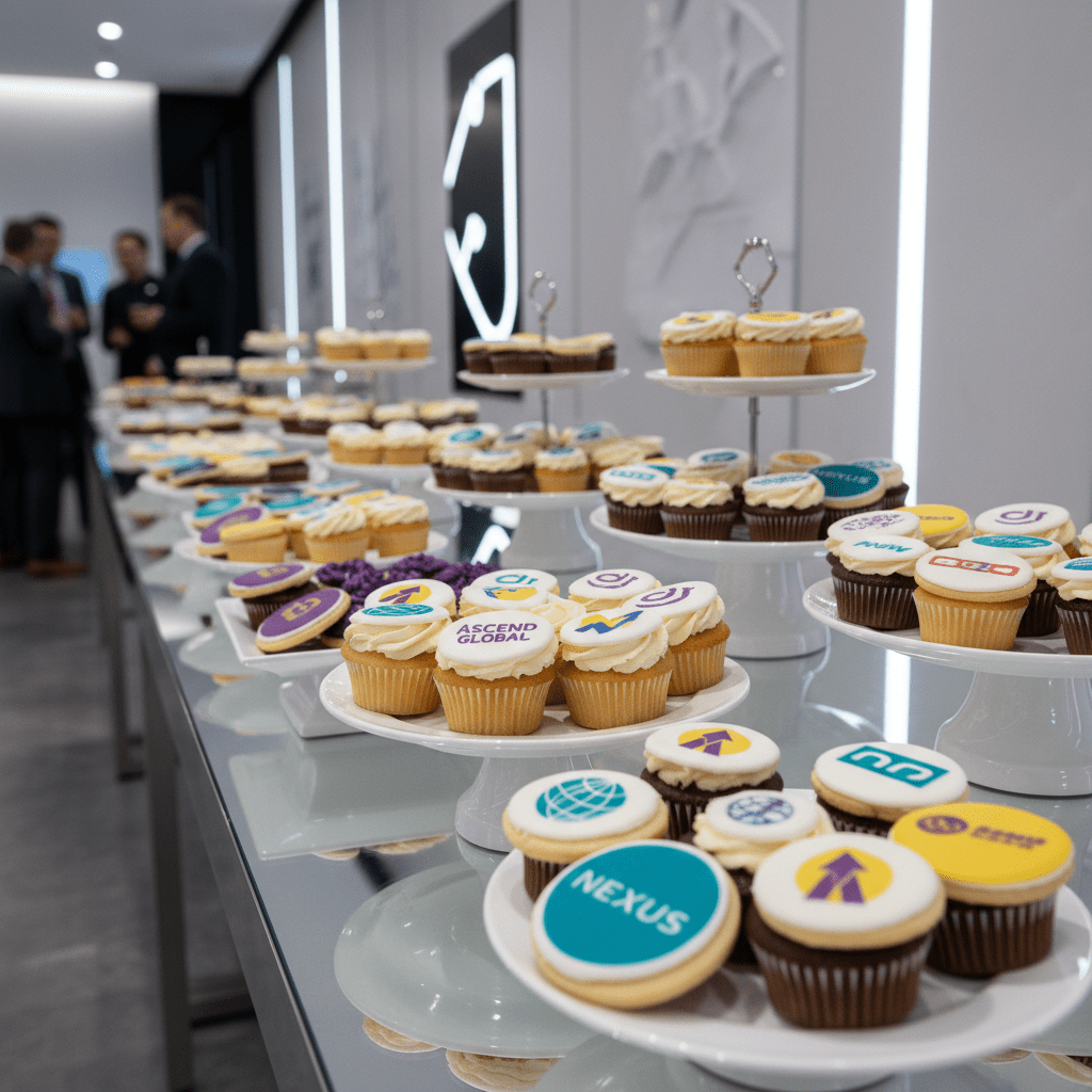 Edible printed cupcakes and cookies on a polished table at a corporate event.