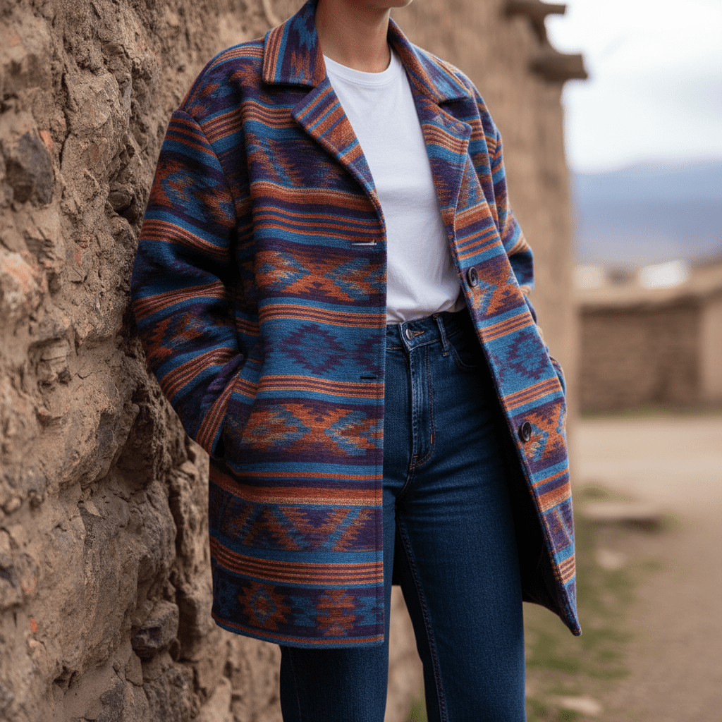 Model wears an oversized Aguayo coat with vibrant geometric patterns against a stone wall.