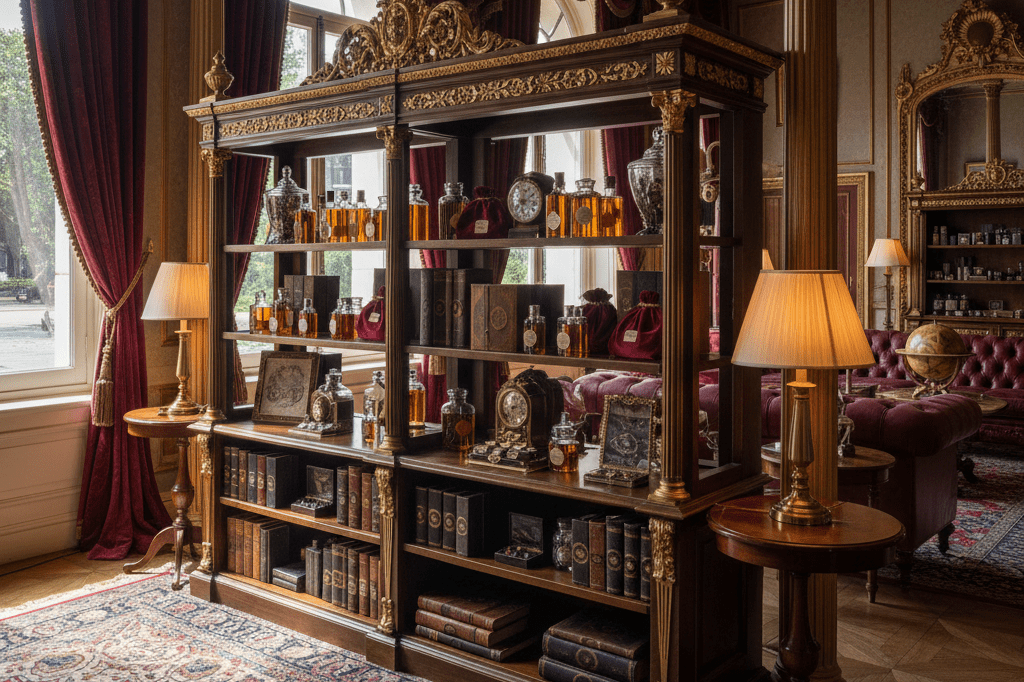 Luxury retail display with Victorian aesthetic inspiration Elegant retail setup featuring burgundy and gold tones in natural light, evoking period drama aesthetics for immersive shopping experiences