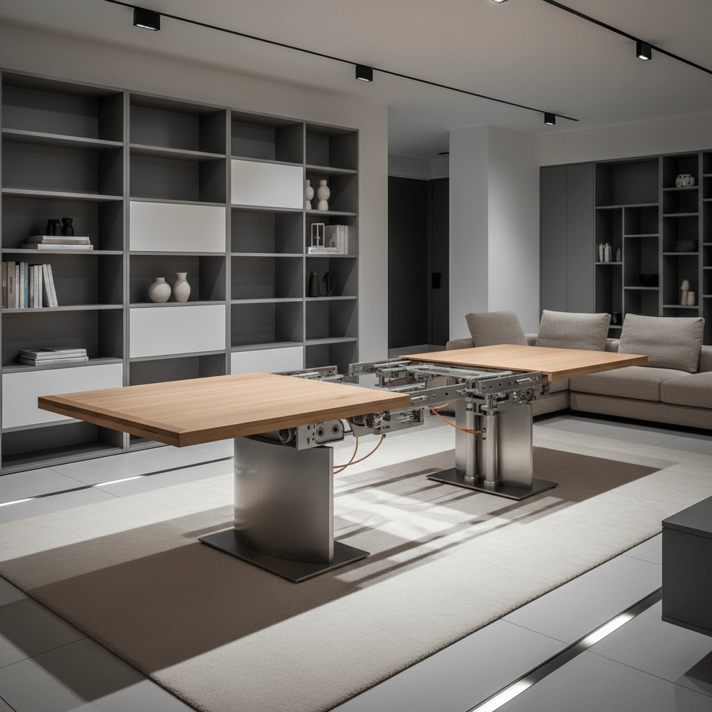 Transforming oak and steel dining table for versatile spaces Modern dining table made of brushed steel and light oak, transforming into two smaller tables.