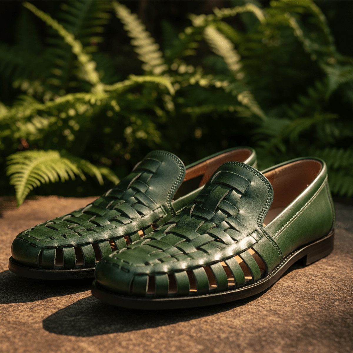 Artisanal green woven leather slip-ons with lattice weave, in golden hour sunlight.