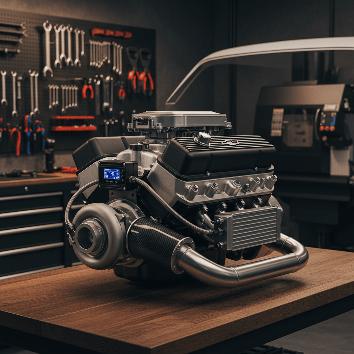 High-end 350 motor with integrated turbocharger, intercooler, and stainless steel exhaust.