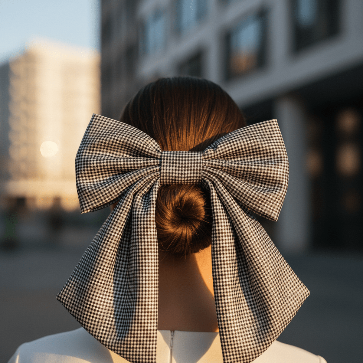 Minimalist updo with a luxurious oversized micro-gingham silk bow in golden hour light.