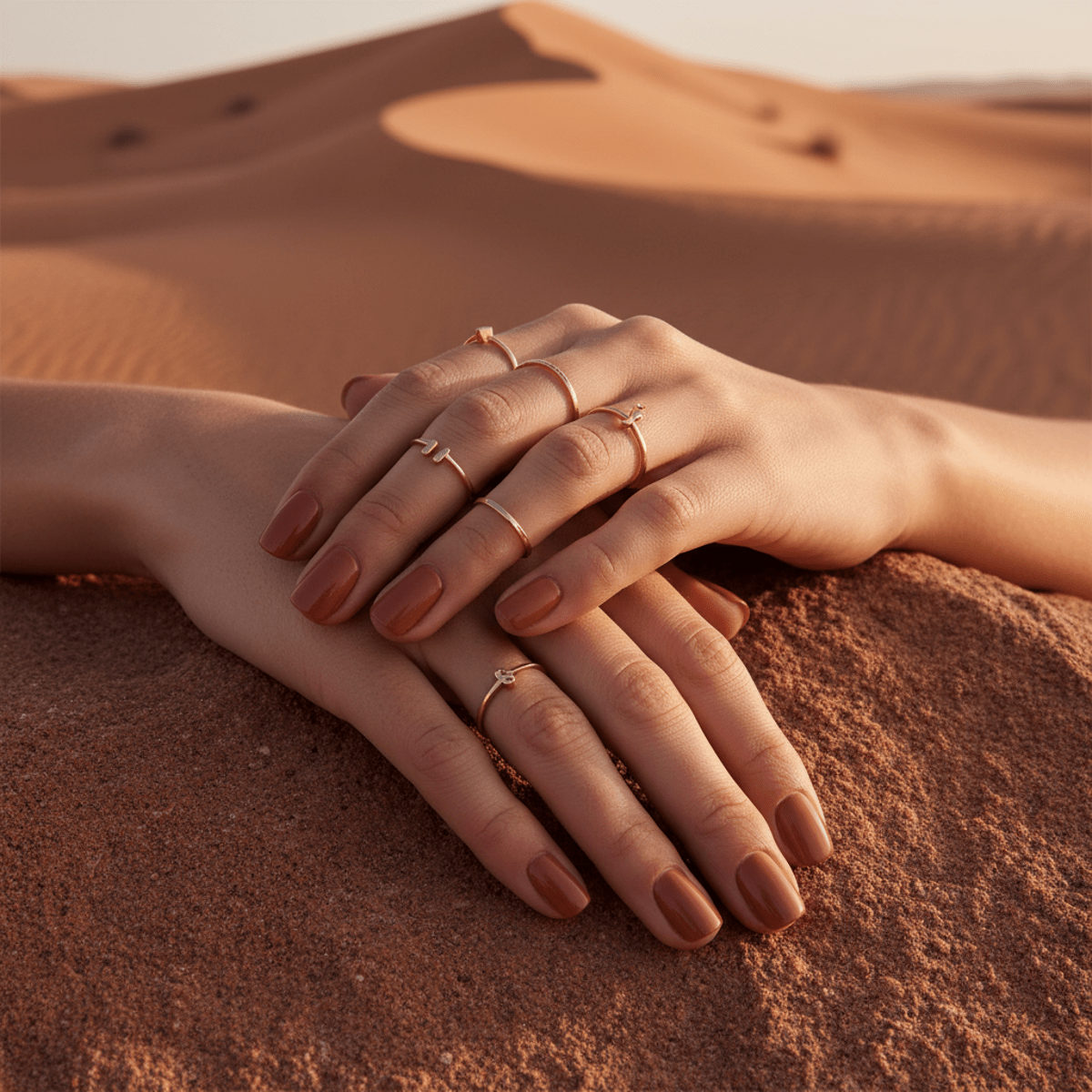 Hands with terracotta clay nails rest on sandstone dunes at golden hour.
