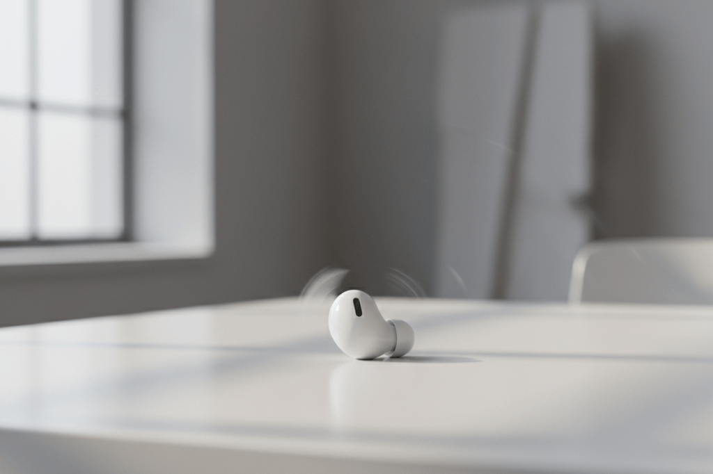 Medium shot of a white earbud rotating smoothly on a minimalist tabletop under natural light, illustrating AI-powered photorealistic product motion
