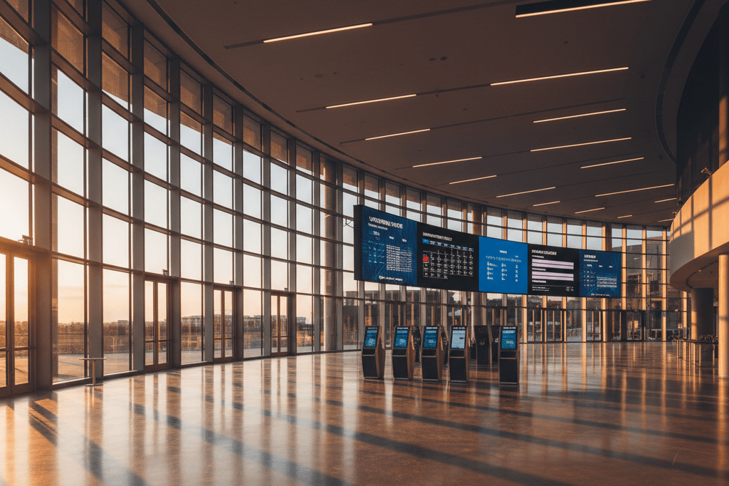 Wide shot of an unoccupied arena lobby with ticket kiosks and digital screens under natural evening light