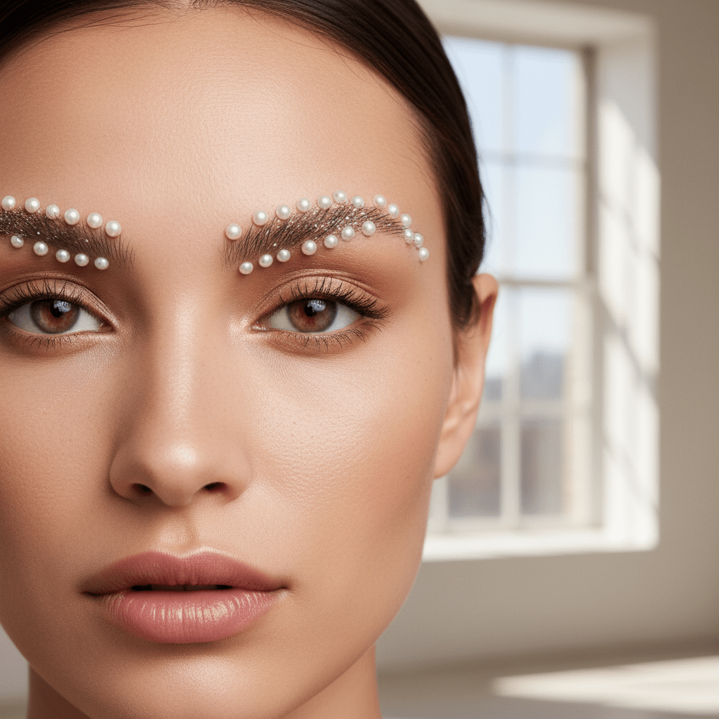 Model with pearl-adorned eyebrows and subtle glitter in a studio.