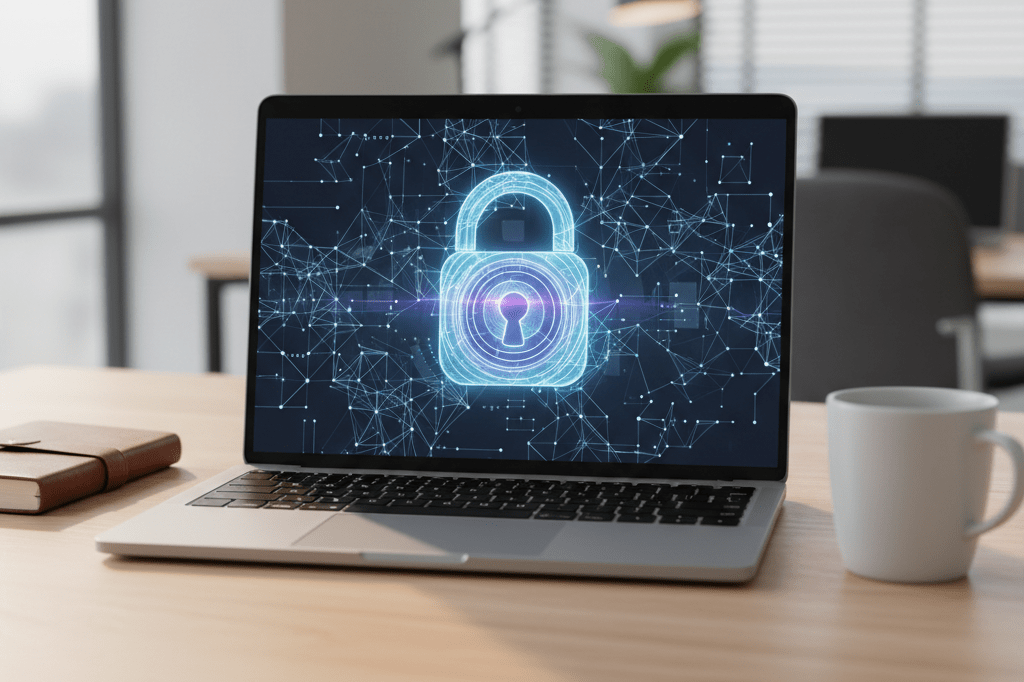 Medium shot of laptop screen showing glowing abstract lock icon over network diagram, natural light, no text or branding