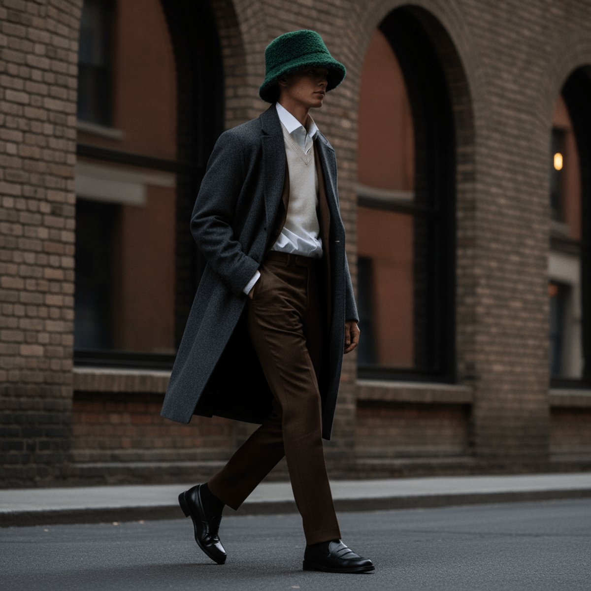Man in smart-casual 80s-inspired urban fashion with a fuzzy forest green bucket hat.