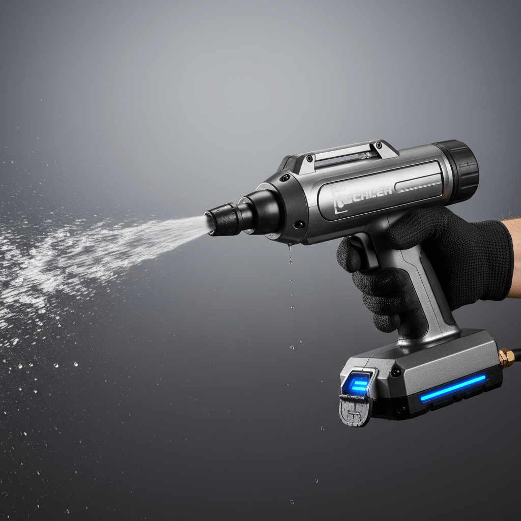 Close-up of a powerful cordless pressure washer jet glistening with water.