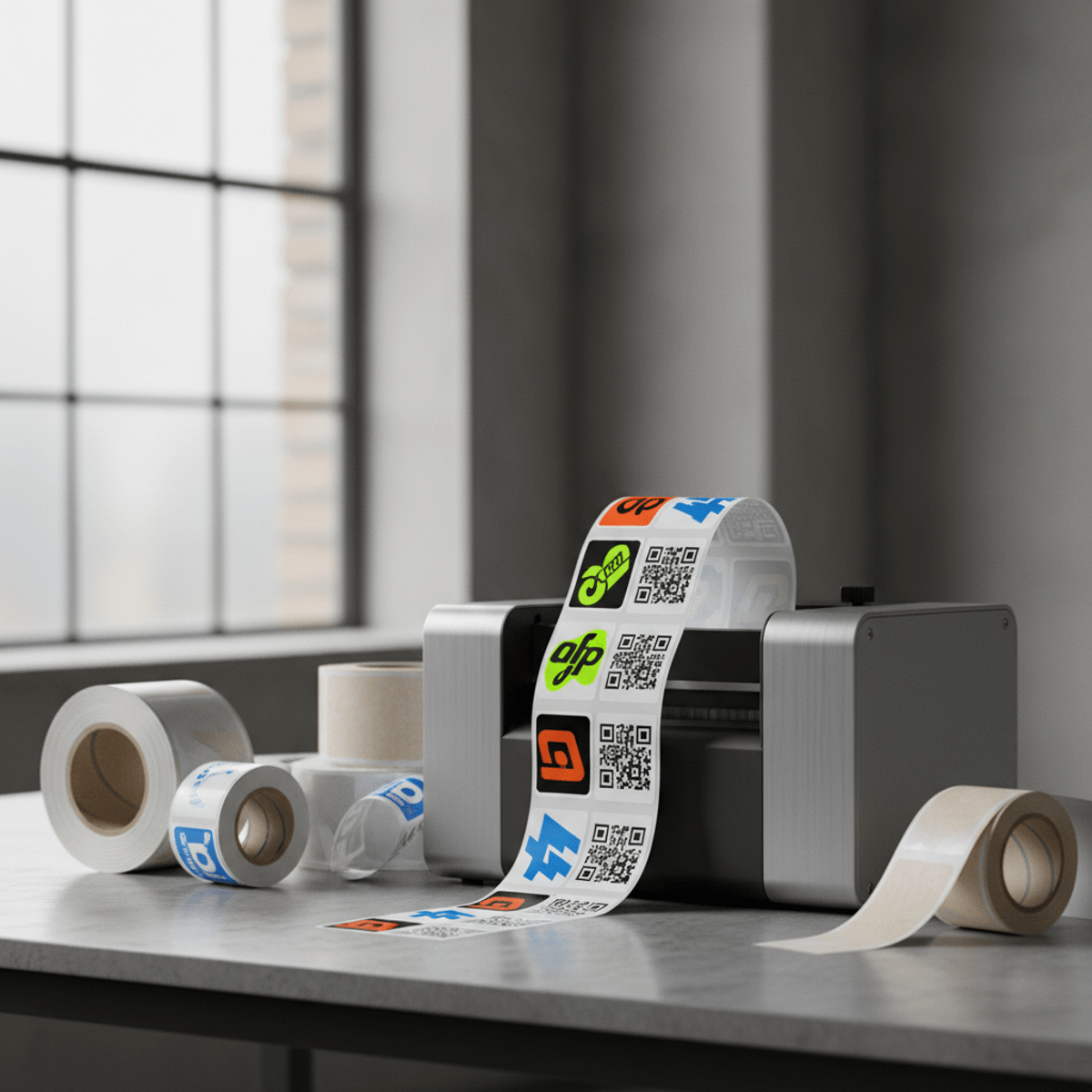 Professional sticker printer creating vivid vinyl stickers with bold logos and barcodes.