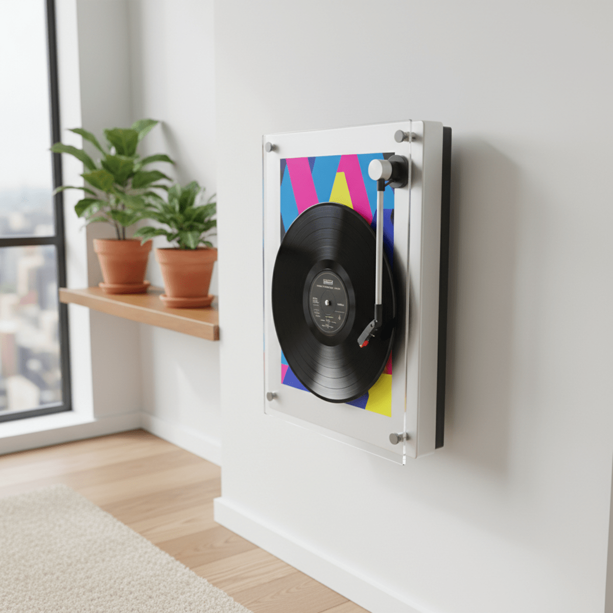 Modern vertical LP player with vinyl record on wall Sleek vertical LP player on a modern white wall with colorful album art.