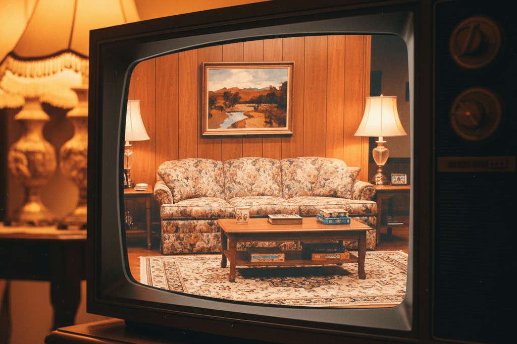 Close-up of a paused sitcom on a vintage TV with warm ambient lighting, symbolizing nostalgia and audience engagement