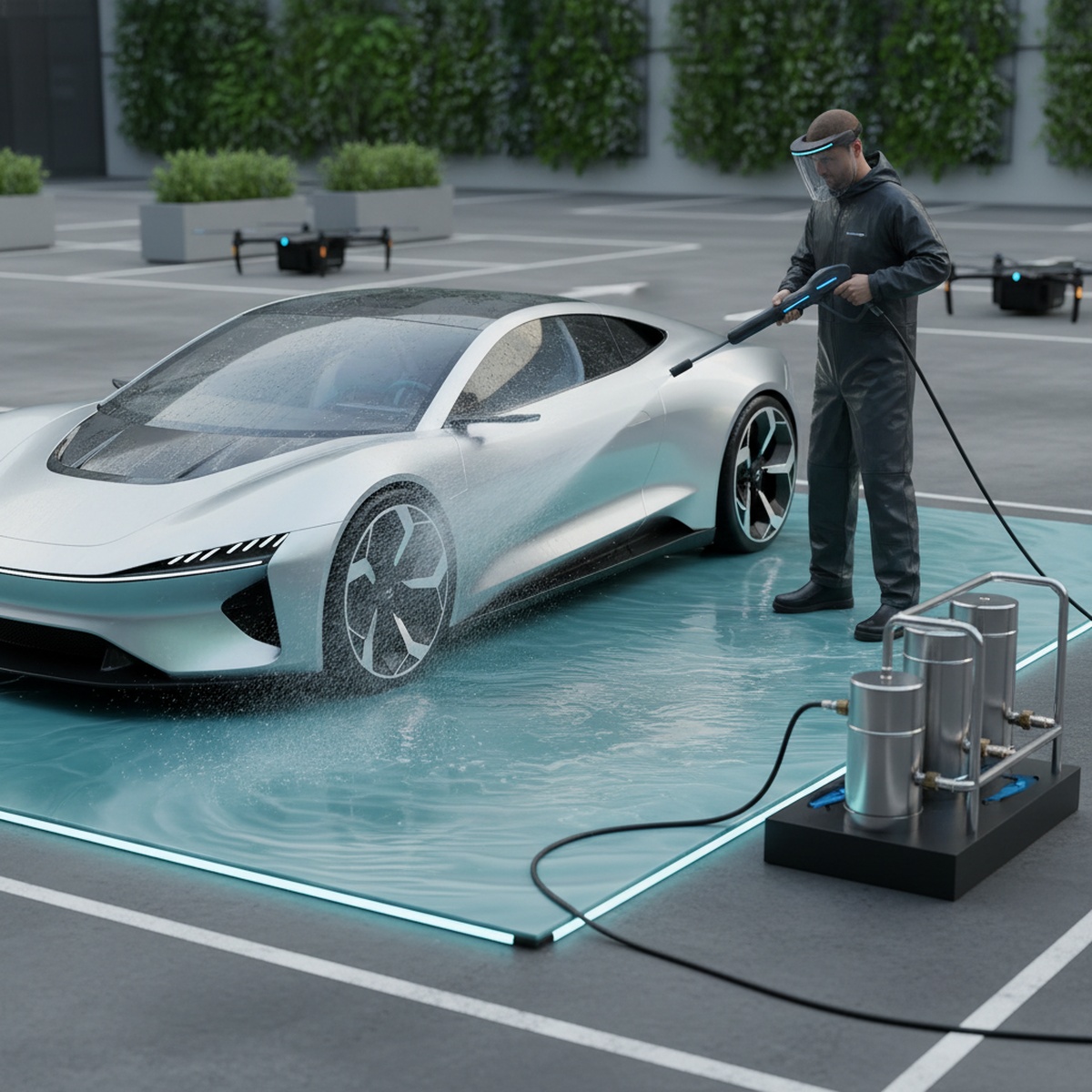 Futuristic mobile car detailing with pressure washer and eco-conscious water reclamation mat.