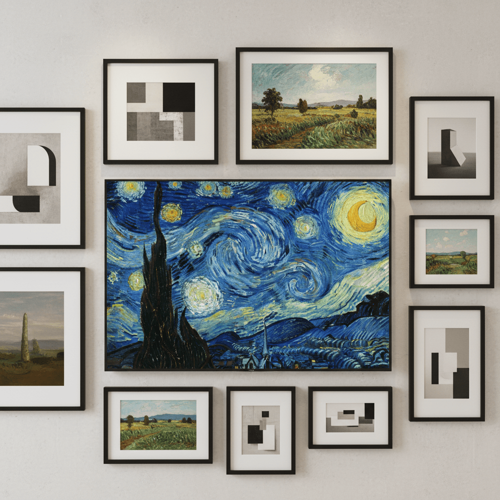 Modern gallery wall with integrated TV displaying vibrant digital art, framed by minimalist art.