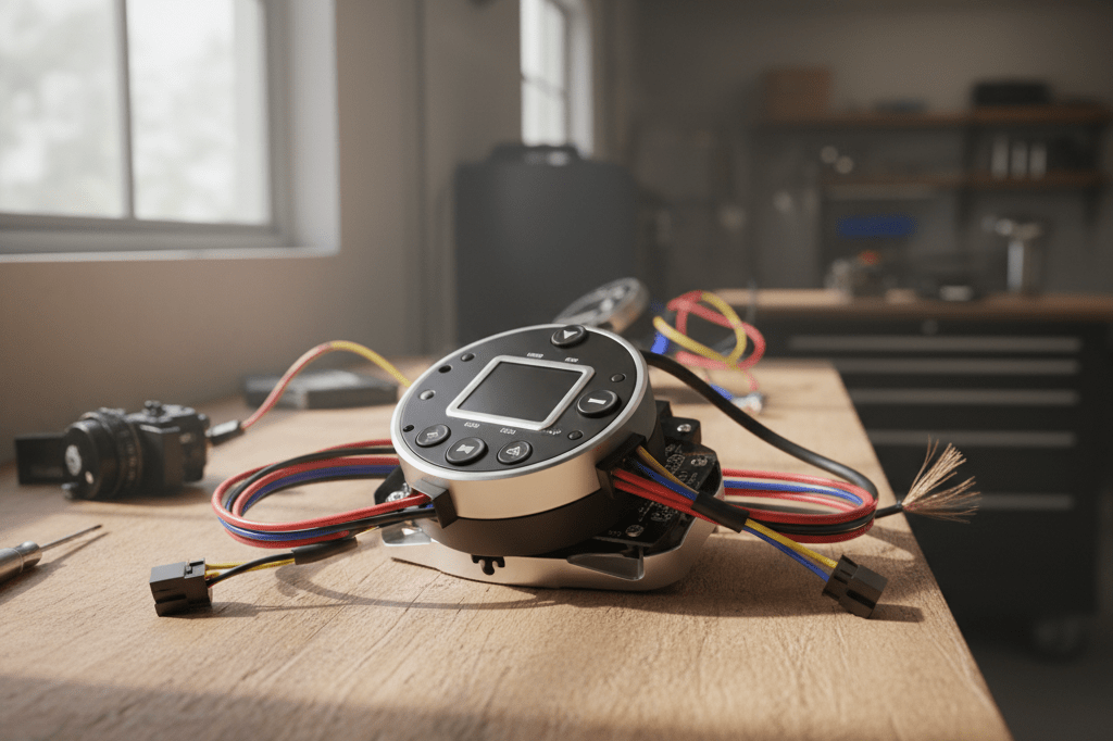 Detailed view of modular car steering components arranged under soft natural light, symbolizing automotive feature restoration