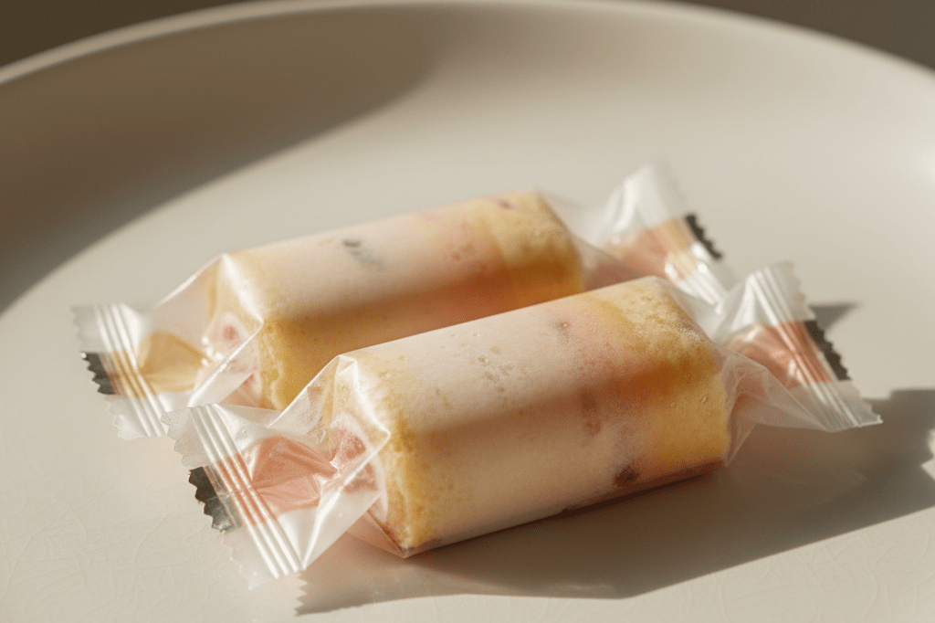 Two elegantly wrapped strawberry shortcake rolls on a neutral surface, emphasizing snack convenience under natural lighting
