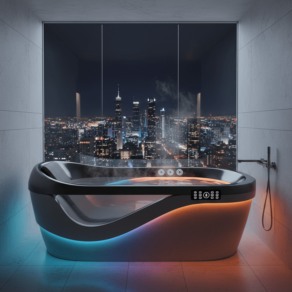 Futuristic soaking tub with chromatherapy lighting in a modern spa bathroom.