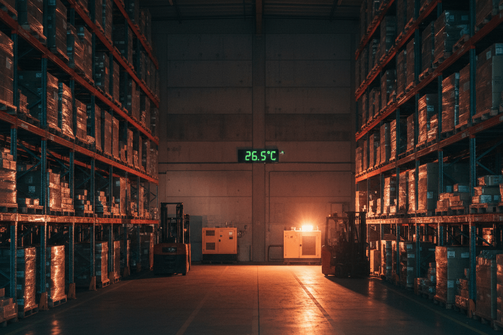 Commercial warehouse interior lit by emergency lighting, showing stacked goods and halted machinery during power loss