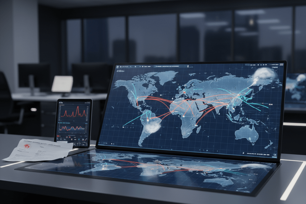 Strategic logistics desk monitoring extreme weather supply chains Modern logistics desk with weather maps and data screens under ambient light, symbolizing supply chain preparedness