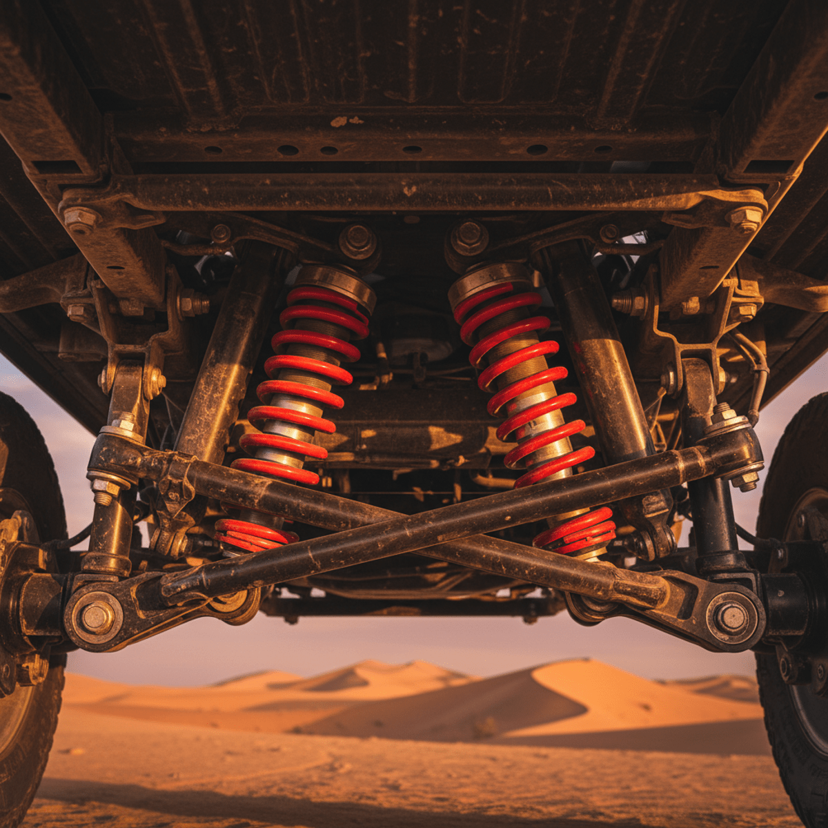 Close-up of off-road expedition rig suspension with coilover shocks and DOM tubing.