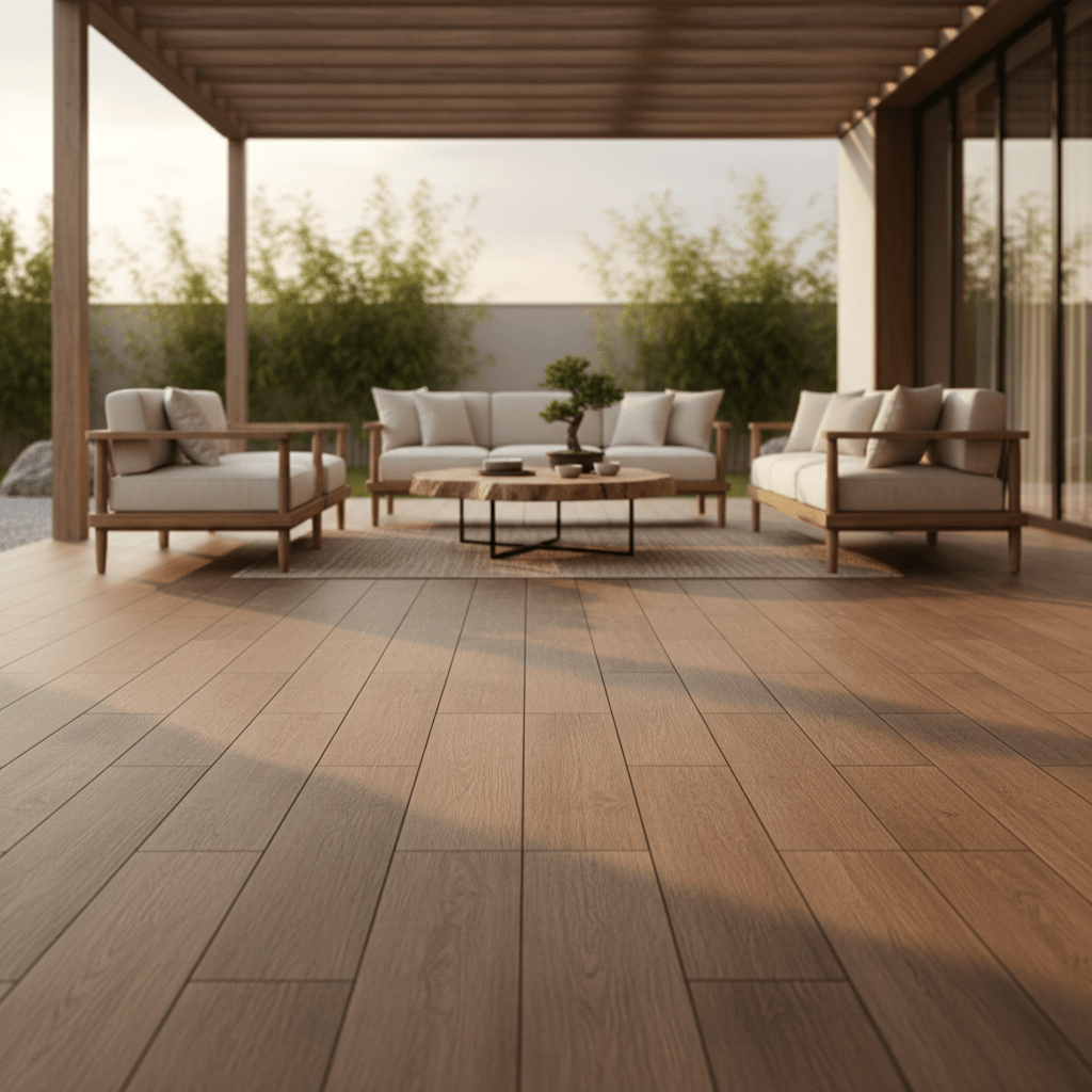 Japandi outdoor living space with walnut wood-look pavers and light oak furniture.