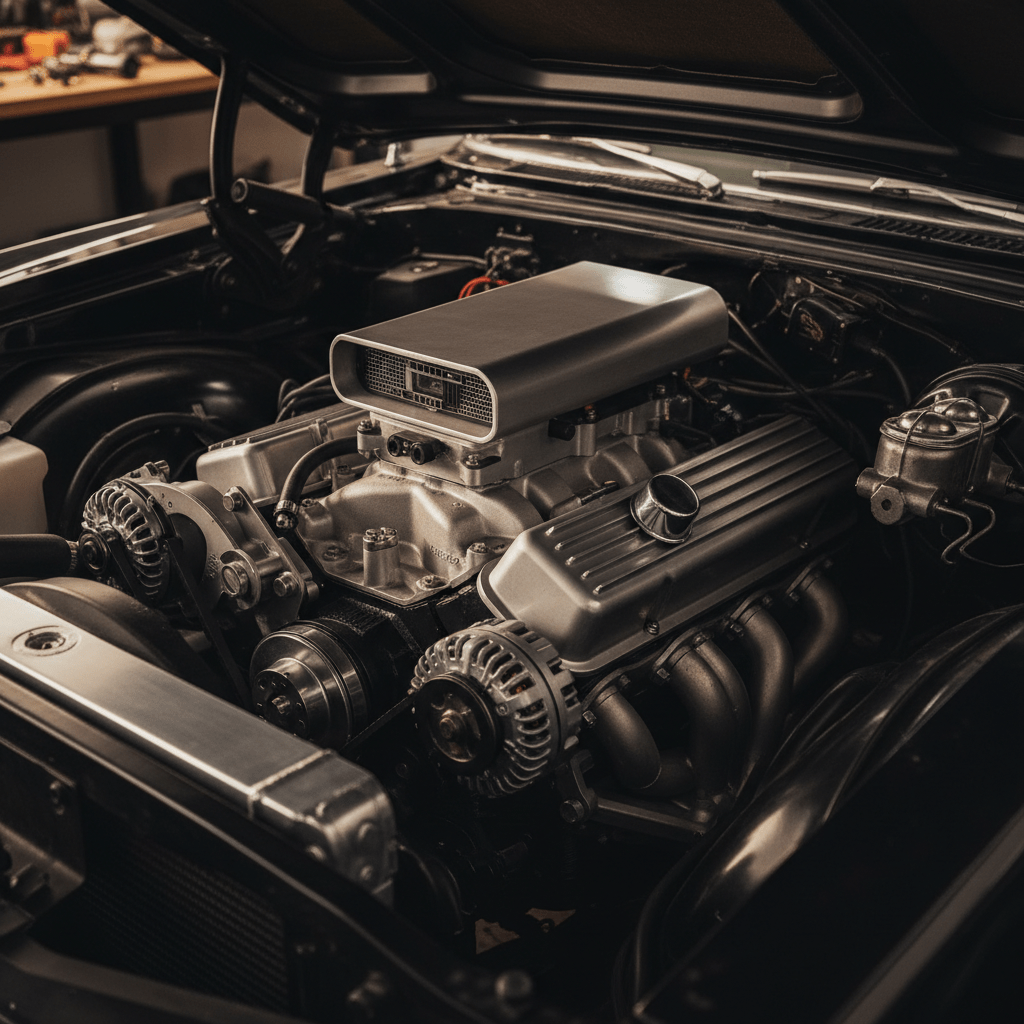 Restomod 1969 muscle car with a detailed 383 crate engine and EFI system.