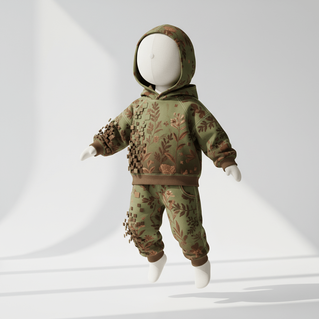 Kids organic cotton sweatsuit with botanical leaf patterns dissolving into digital pixels.