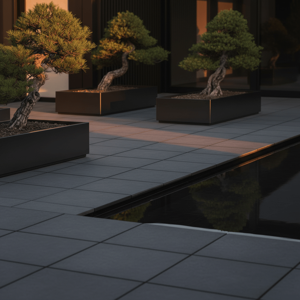 Modern Japanese garden patio with charcoal concrete pavers and minimalist bonsai trees.