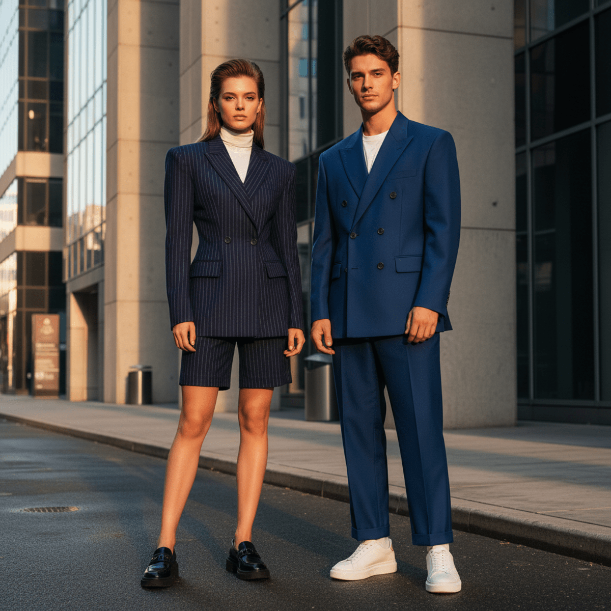 Models in 80s-inspired power suits blend vintage and futuristic styles in a city.