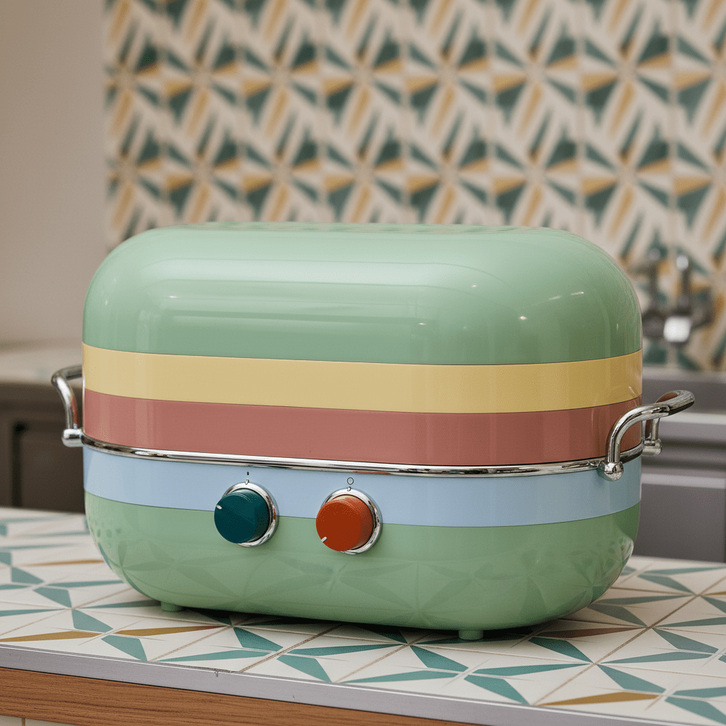 Mid-century modern soup warmer in pastel colors on a retro cafe counter.