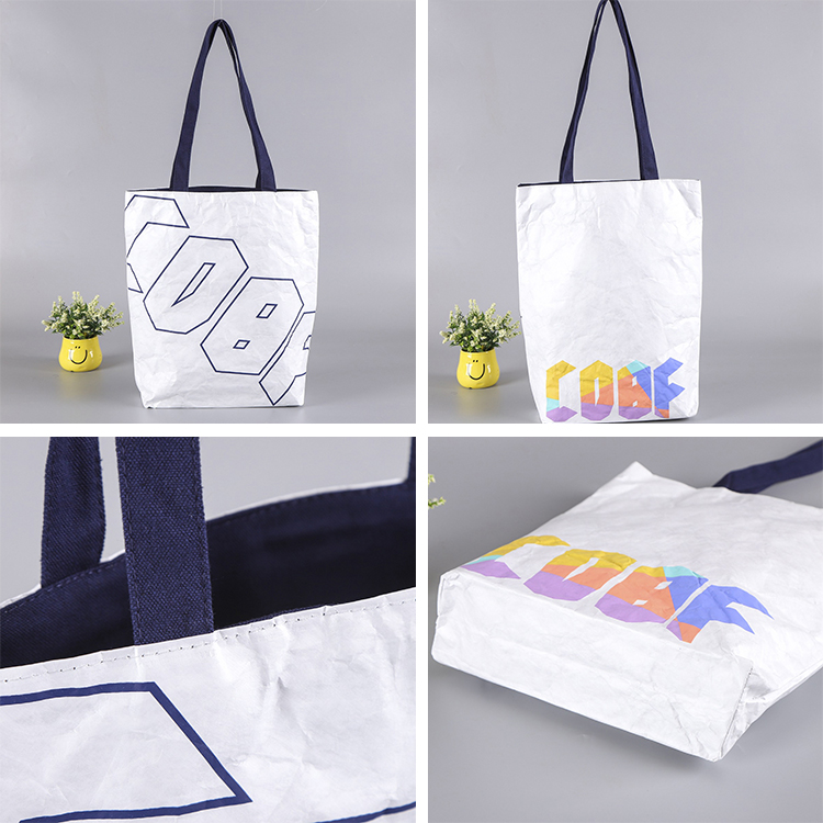 Washable TYVEK Kraft Paper Shopping Bag Shoulder Handbag DuPont Paper Tote Bag With Cotton Linen Lining