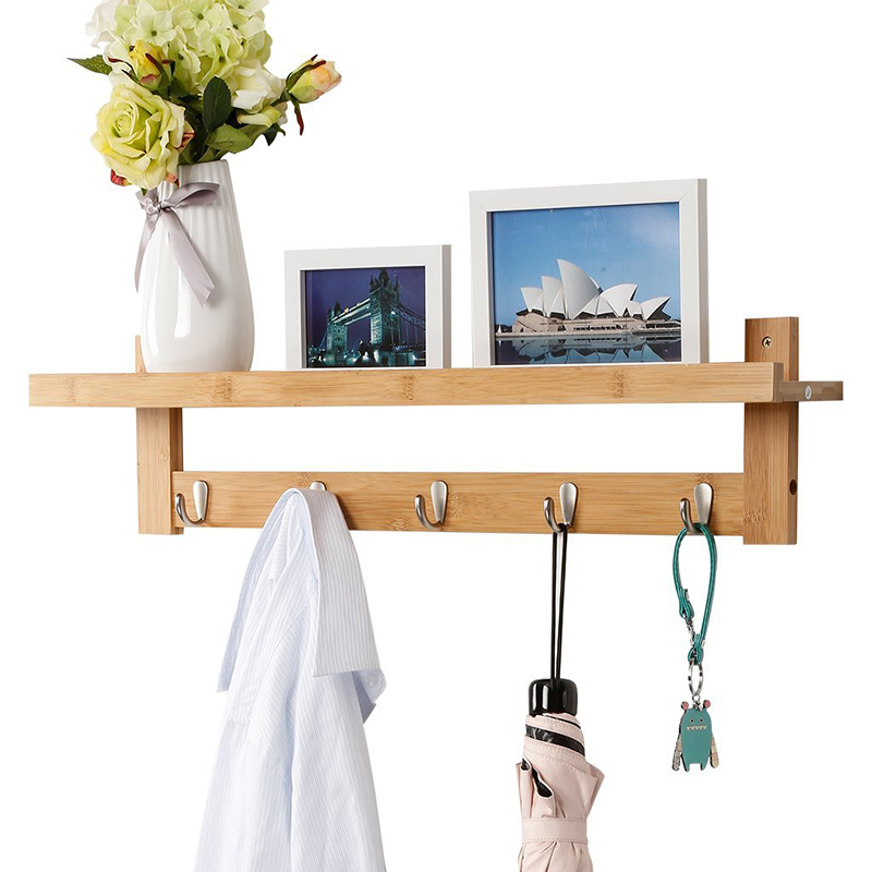 Custom Coat Hook Extendable Wall Mounted Unit Hanging Wall Bamboo Open Shelf Rack With Metal Hooks