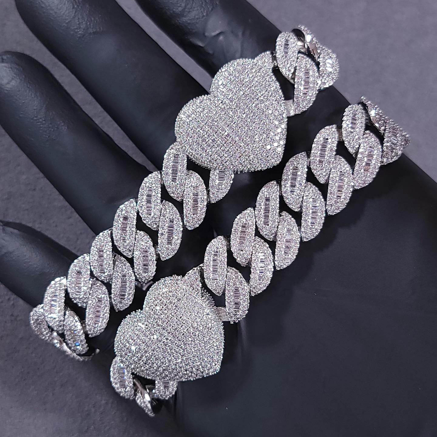 Pass Diamond Tester Heart Design VVS Baguette Moissanite 925 Sterling Silver Iced Out Miami Cuban Link Chain Necklace