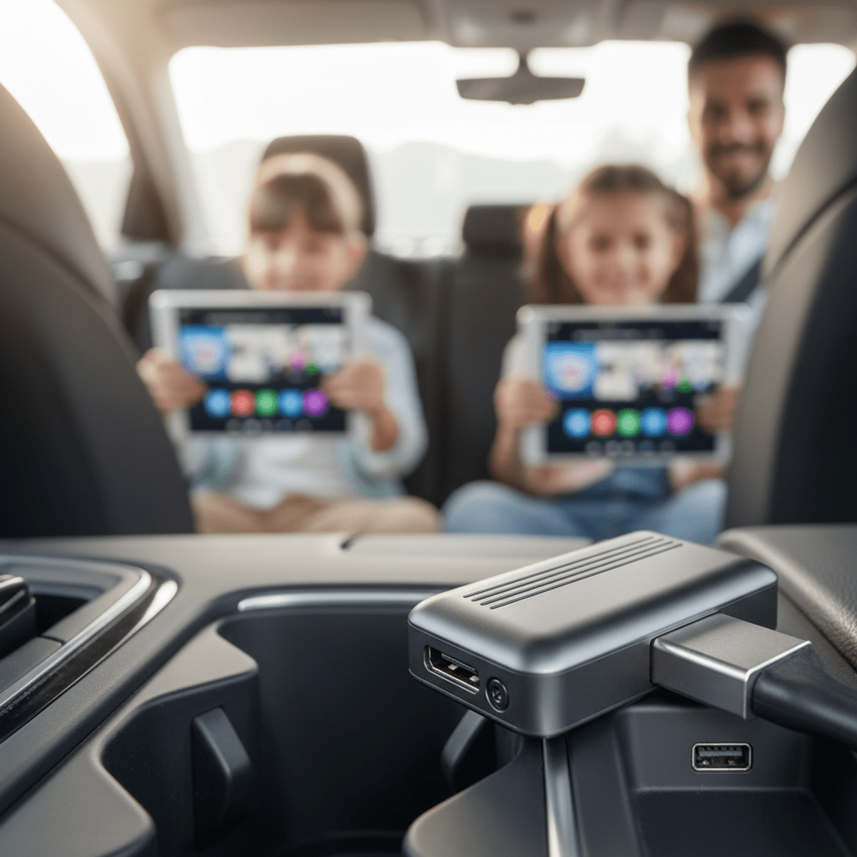 Sleek automotive WiFi dongle in a modern car USB-C port.