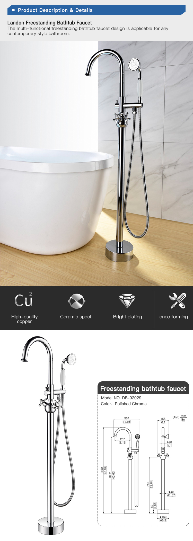 Luxury Hotel Home Chrome Floor Mounted Bath Shower Mixer Bathroom Freestanding Bathtub Faucet