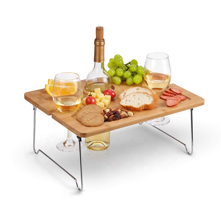 Outdoor Wine Picnic Table Folding Portable Bamboo Wine Glasses Bottle Snack And Cheese Holder Tray